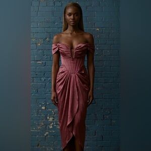 Fashion Nova Off-Shoulder Dusty Rose Satin Maxi Dress